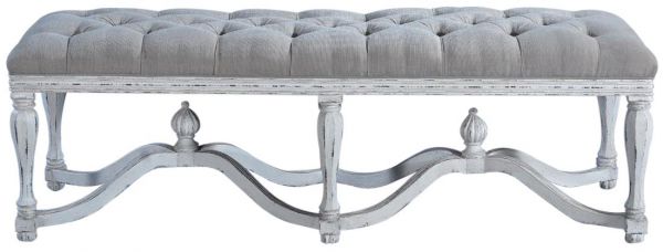 Bed Bench King Henry White Ornate Wood Stretcher Finials Tufted Gray Linen Seat