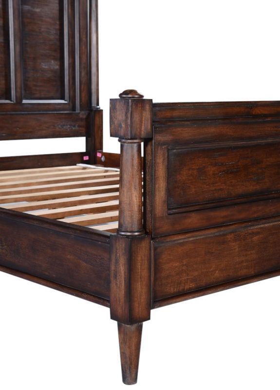 Bed Grayson Queen Dark Rustic Pecan Solid Wood Old World Distressing Carved Caps