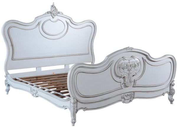 Bed Louis XV Rococo Queen Hand Carved Wood Distressed Old Lace White
