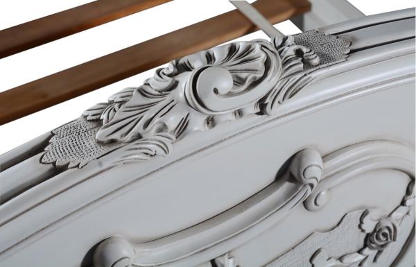 Bed Louis XV Rococo Queen Hand Carved Wood Distressed Old Lace White