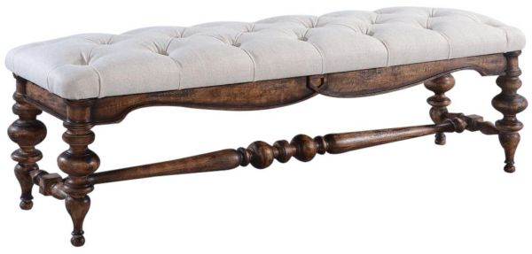 Bench Portico Old World Distressed Wood Rustic Pecan  Tufted Oatmeal Linen Seat