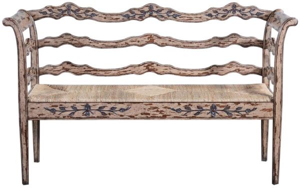 Bench Swedish Distressed White Carved  HandWoven Rush  Mortise Tenon