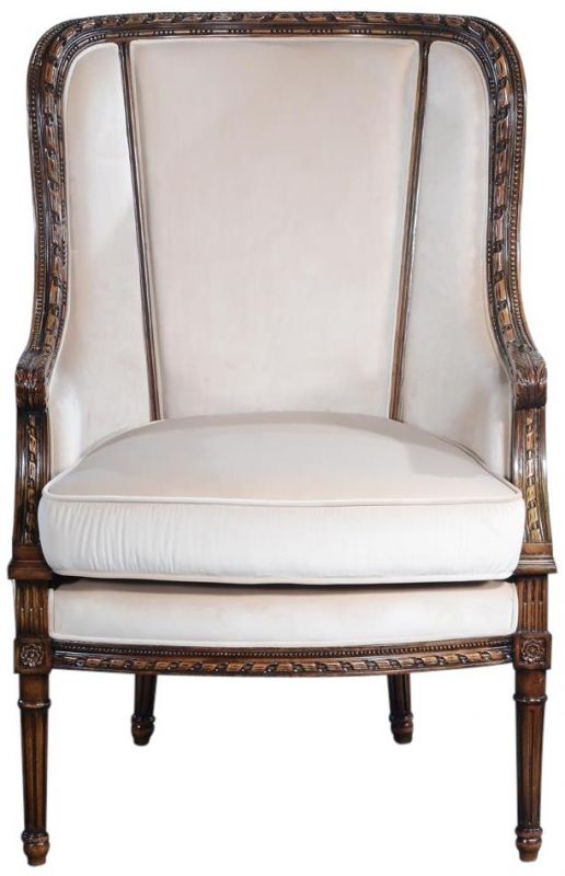 Bergere Chair Louis XVI French Hand-Carved Antiqued Wood Beige Velvet Upholstery