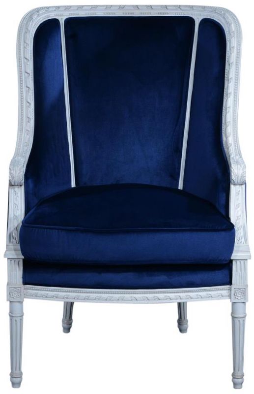 Bergere Chair Louis XVI French Hand-Carved Venetian White Wood Blue Velvet