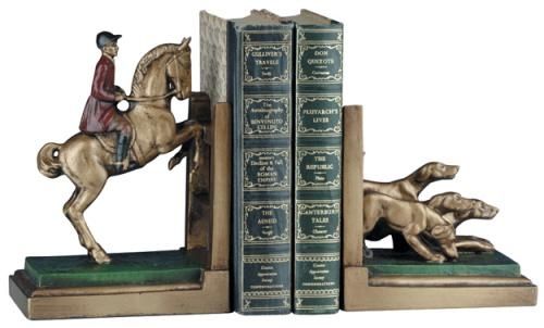 Bookends Bookend Fox Hunt Horse and Hound Brass Hammered Cast Resin Hand-Cast