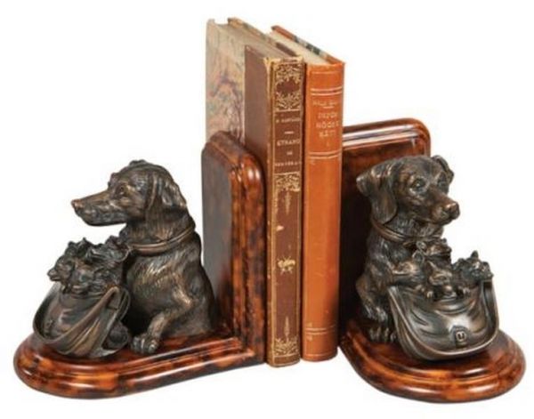 Bookends Bookend MOUNTAIN Rustic Dog with Basket of Fox Kits Chestnut Ebony