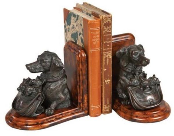 Bookends Bookend TRADITIONAL Antique Dog Basket of Fox Kits Chestnut Ebony