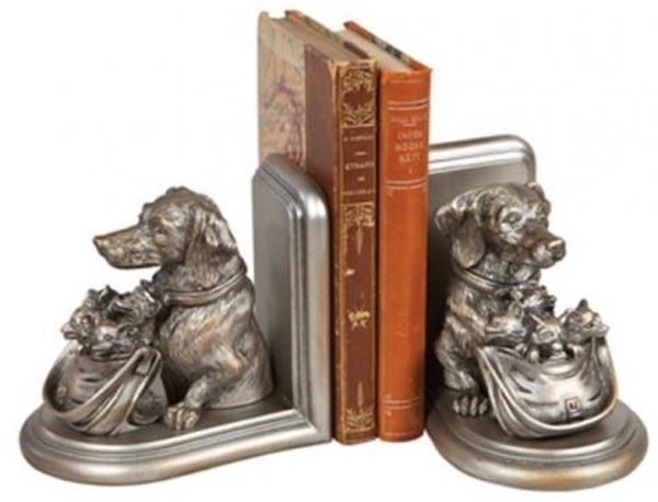Bookends Bookend TRADITIONAL Antique Dog with Basket of Fox Kits Silver Resin