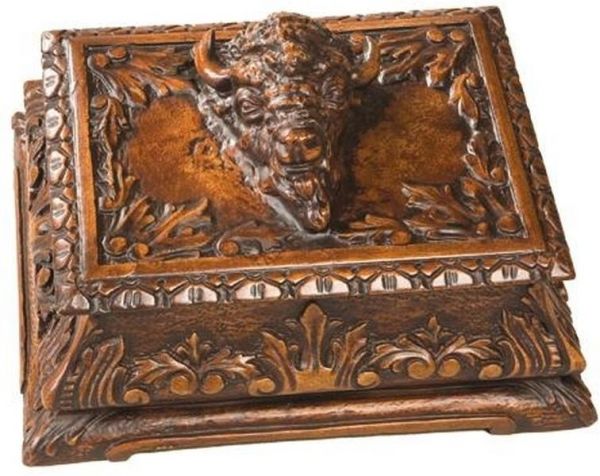Box Buffalo Head Lid American West Southwest Intricately Carved Hand-Cast Resin