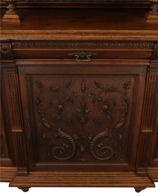 Buffet Renaissance Antique French Cornucopia Flourishes Carved Oak Glass Door