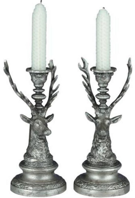 Candleholder Candlestick MOUNTAIN Rustic Deer Pair Silver Resin Hand-Painted