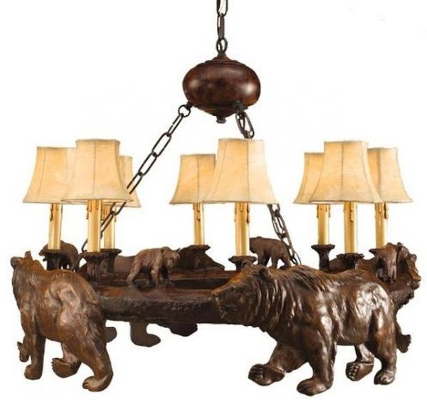 Chandelier 4 Silhouette Bear 8-Light Chocolate Brown Cast Resin Faux Leather
