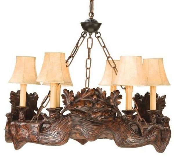 Chandelier Oak Leaf and Limb Clusters 6-Light Coffee Brown Cast Resin Faux