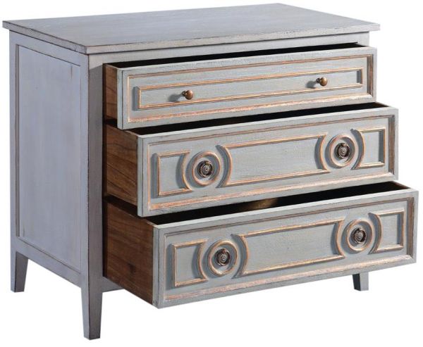 Chest Huntington Pewter Gray Gold Accents Distressed Wood Circle Design 3-Drawer