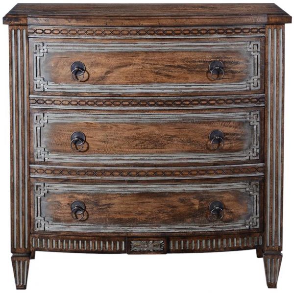 Chest of Drawers Plazzio Wood Carved Relief  Rustic Pecan Swedish Moss  Brass
