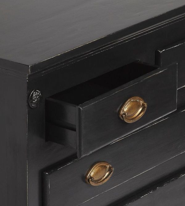Chest of Drawers Traditional Antique Turned Legs Distressed Black Mango
