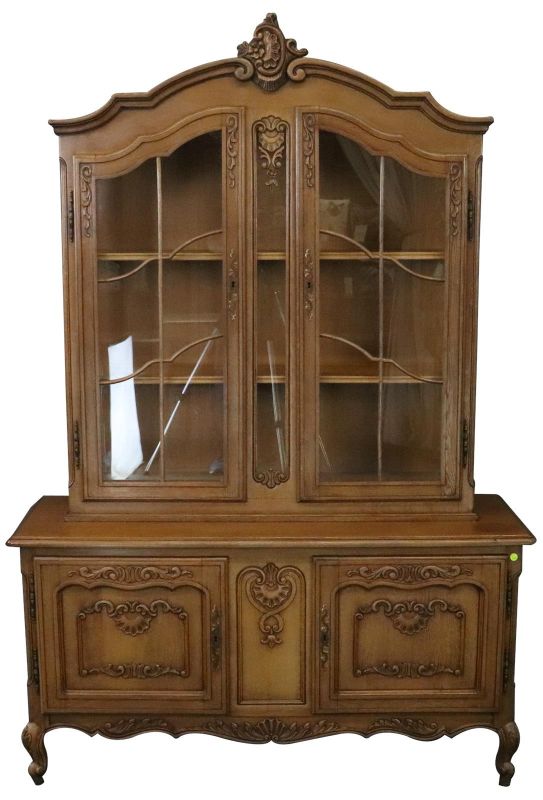 China Cabinet Louis XV Vintage French Rococo 1950 Oak Wood Glass Doors
