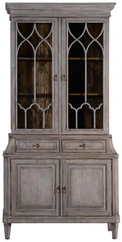 China Cabinet Rosalind Classic Greige Solid Wood 2 Fretwork Doors  2-Piece