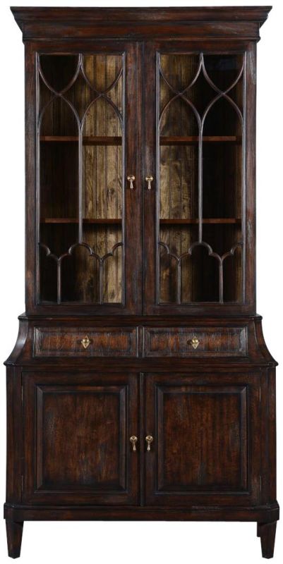China Cabinet Rosalind Classic Solid Wood Dark Rustic Pecan Fretwork Doors