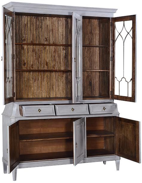 China Cabinet Rosalind Pewter Gray Solid Wood 3 Doors 3 Drawers Fretwork
