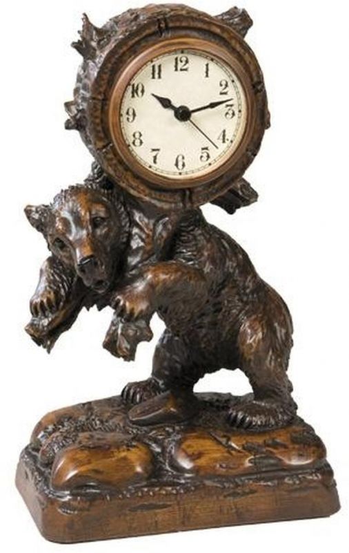 Clock MOUNTAIN Rustic Upright Bear Chocolate Brown Resin Hand-Painted Quartz