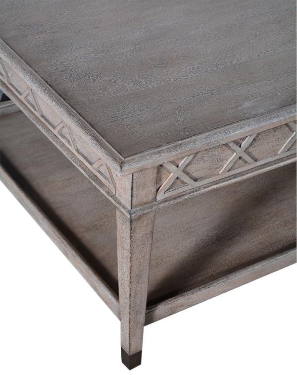 Coffee Table Anna Greige Solid Wood X-Motif Rectangular Antiqued Brass Undertier