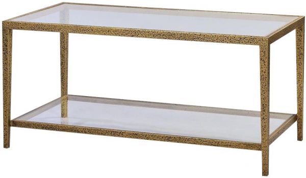 Coffee Table Cocktail Gold Leaf Hammered Texture Metal Rectangle Glass Top Shelf