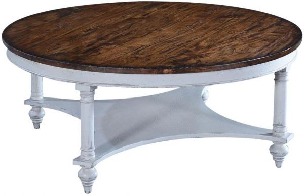 Coffee Table Glenbrook Antiqued White Rustic Pecan Round Top Solid Wood Shelf