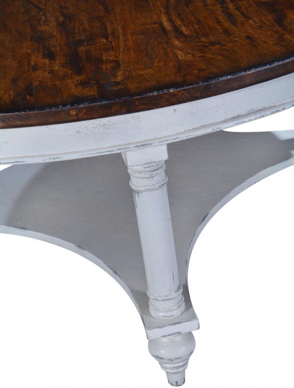 Coffee Table Glenbrook Antiqued White Rustic Pecan Round Top Solid Wood Shelf
