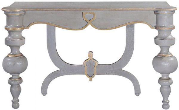 Console Portico Pewter Gray Old World Gold Accents Distressed Wood Turned Legs
