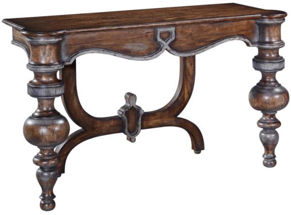 Console Portico Solid Wood Swedish Moss Accents Rustic Pecan Turned Legs