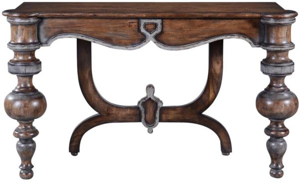 Console Portico Solid Wood Swedish Moss Accents Rustic Pecan Turned Legs