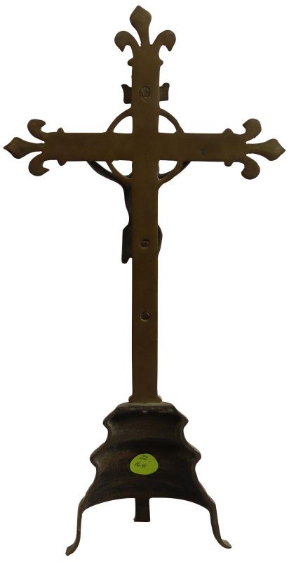 Crucifix Jesus Christ Religious Standing Cross Fleur de Lis Brass Metal Antique