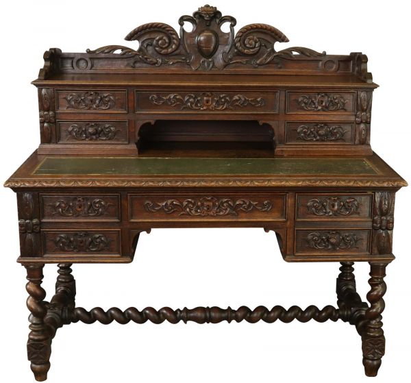 Desk Hunting Renaissance Antique French 1880 Carved Oak  Barley Twists  Animal