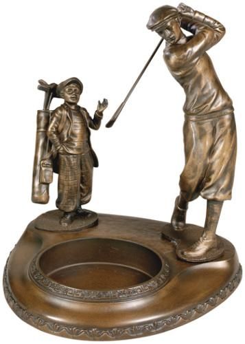 Desk Tray Golfer Caddy Golf Brass Hammered Cast Resin Hand-Painted Hand-Cast