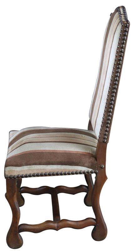 Dining Chair Vintage French Sheepbone Walnut Upholstered Brown Beige Stripe 1950