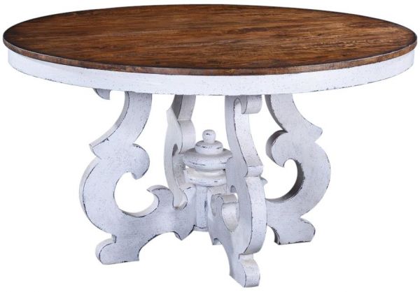 Dining Table Cambridge Round Wood Antique White Sculptural Pedestal Rustic Pecan