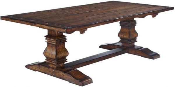 Dining Table Tuscan Harvest Antiqued Plank Top Rustic Pecan Carved Pillars 8-Ft