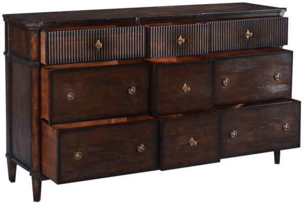 Dresser Chest of Drawers St Denis Dark Rustic Pecan Wood Soft Glide 9-Drawer