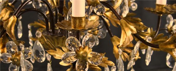 Italian 8-Arm Chandelier  Entwined Gold Leaves  Clear Glass Crystals  P-36-0