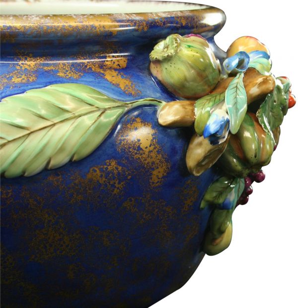 Italian Majolica Ceramic Bowl  Blue  Fruit and Grapes
