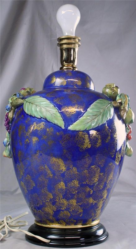 Italian Majolica Table Lamp  Hand-Painted Blue Glaze  Lemons and Fruit w  Leaves
