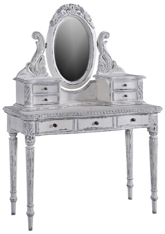 Ladies Vanity Oval Mirror Aged White Pretty Carved Wood  Reeded Legs  7 Drawers