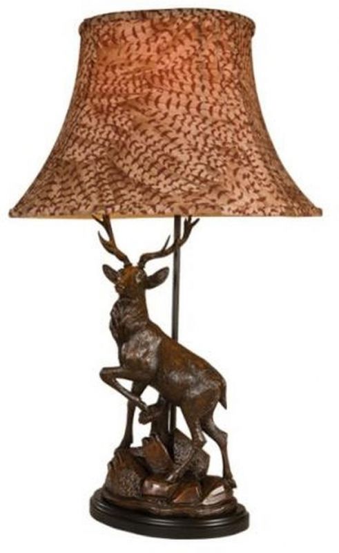 Lamp English Deer Detailed Hand Painted OK Casting Pheasant Feather Shade