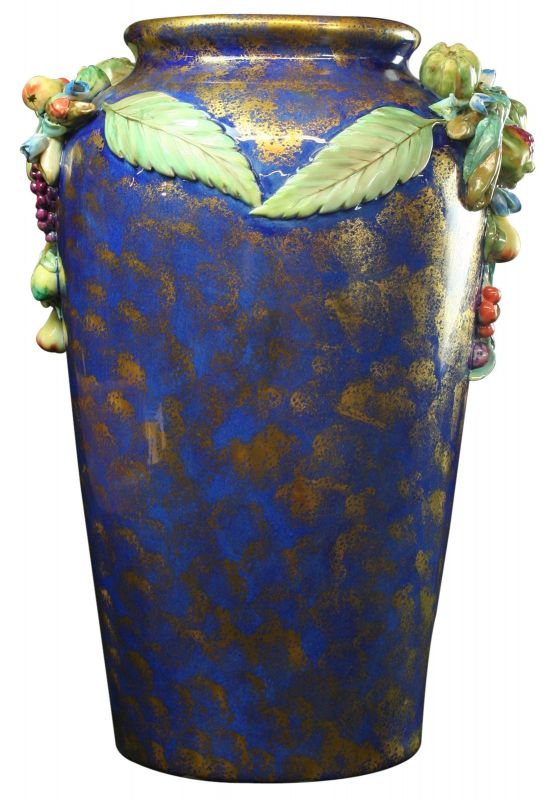 Large Italian Majolica Umbrella Stand Vase Jardiniere  Blue and Gold  Fruit