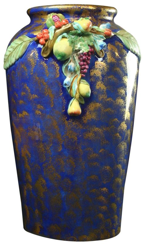 Large Italian Majolica Umbrella Stand Vase Jardiniere  Blue and Gold  Fruit