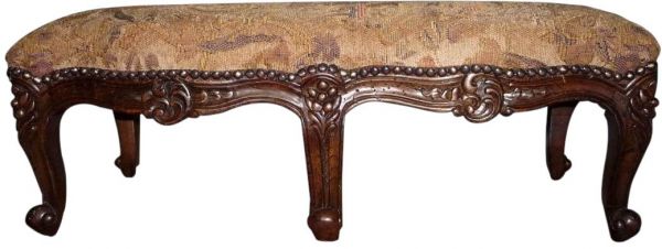 Long Footstool French Country Farmhouse Carved Wood Serpentine  Gold Fabric