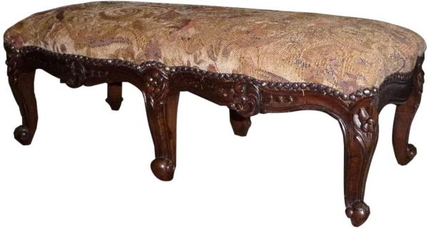 Long Footstool French Country Farmhouse Carved Wood Serpentine  Gold Fabric