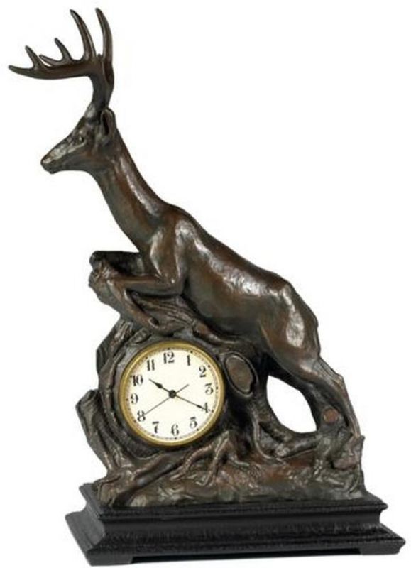 Mantel Clock Leaping Whitetail Deer Chocolate Brown Cast Resin Hand-Painted