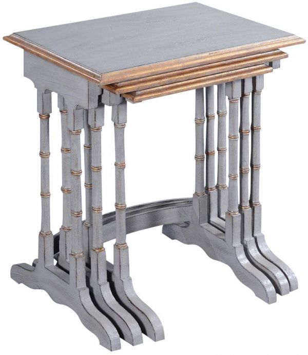 Nesting Tables 3 Pewter Gray Solid Wood Gold Accents Faux Bamboo Distressed
